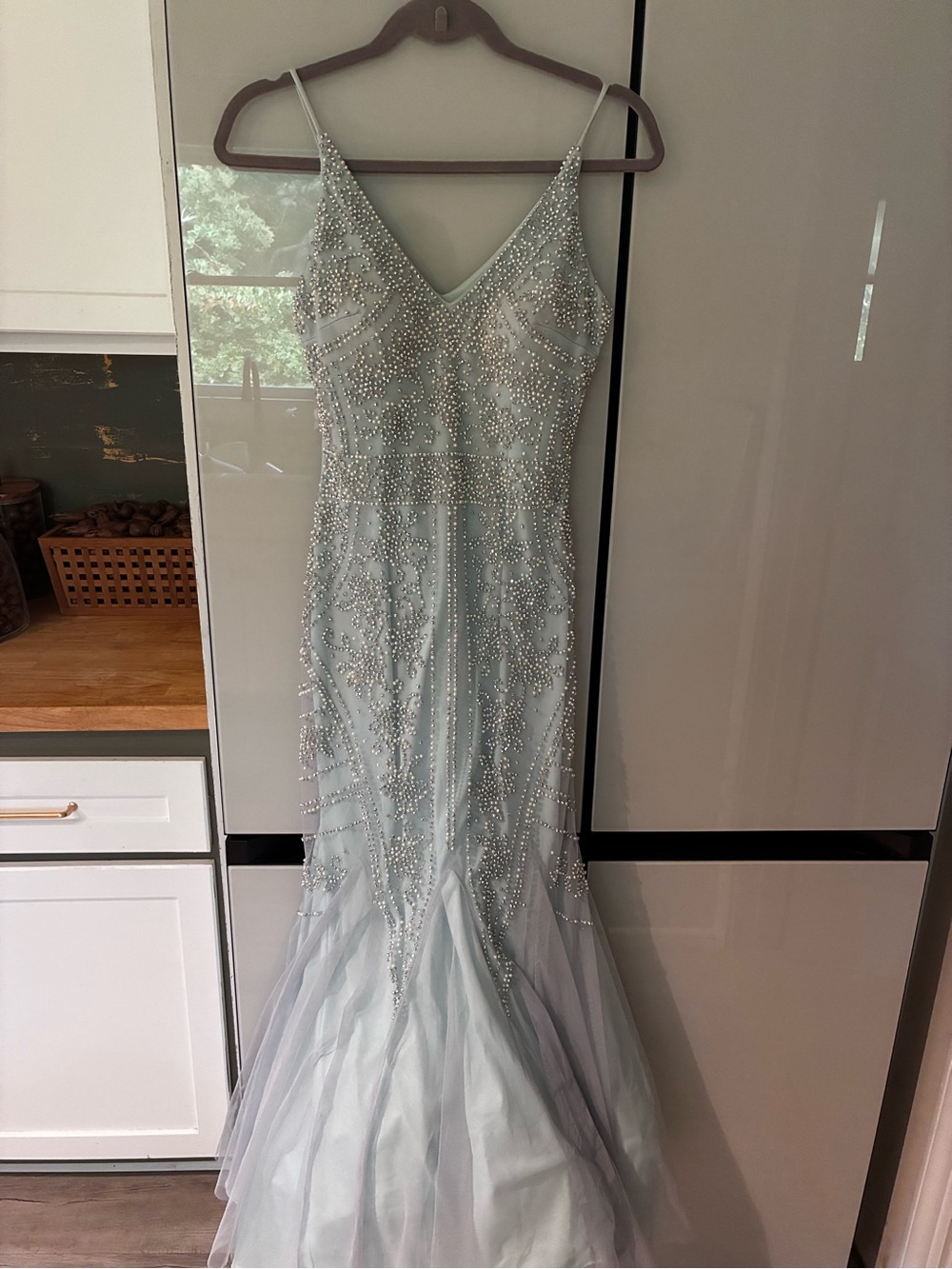 Vintage Xscape sea foam green blue beaded Spaghetti-Strap Mermaid Gown prom, 2